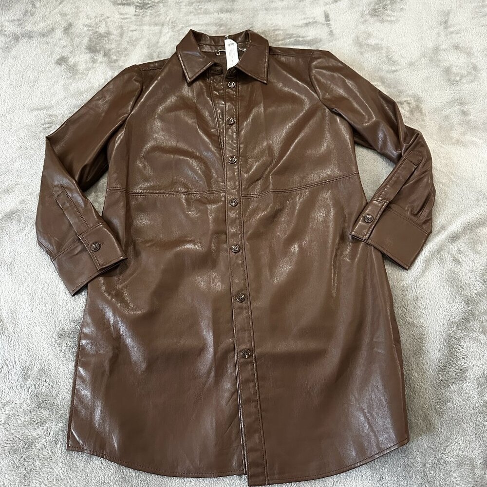 NWT $169 Chico's Faux Leather Long Shacket Jacket Brown Faux Leather MEDIUM 8/10